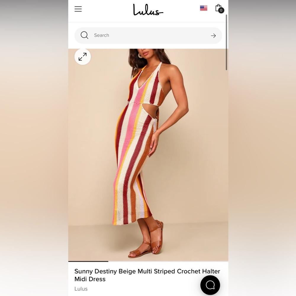 Lulus Sunny Destiny Beige Multi Striped Crochet Halter Midi Dress